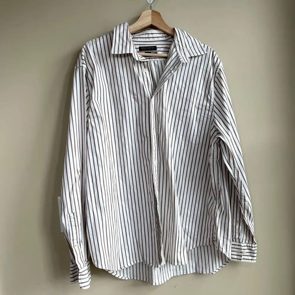 Banana Republic organic cotton blend standard fit white striped shirt men's L